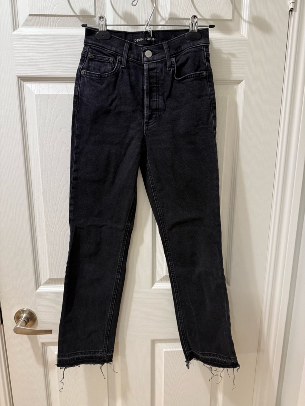Denim Forum Slim Straight Black Jeans with Raw Hem